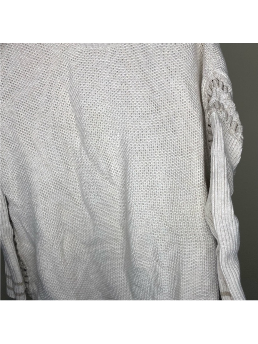 Cabi Relaxed Cream Knit Crewneck Sweater Lace-Inset - Picture 4 of 9